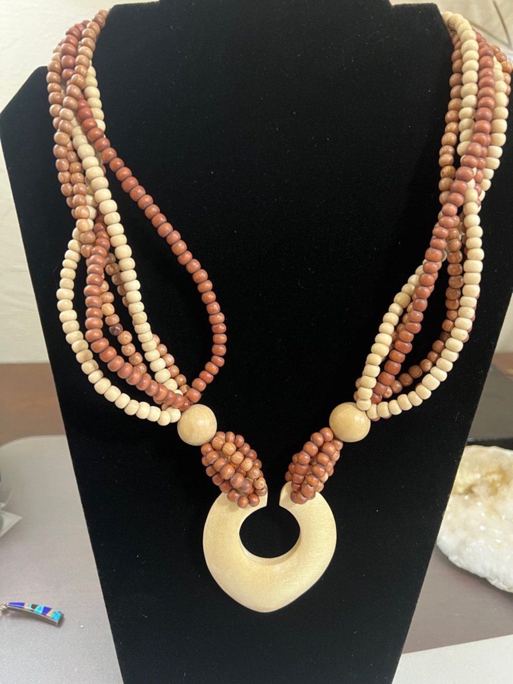 Multi-Strand Brown & Cream Beaded Necklace with Wooden Pendant 22” EUC